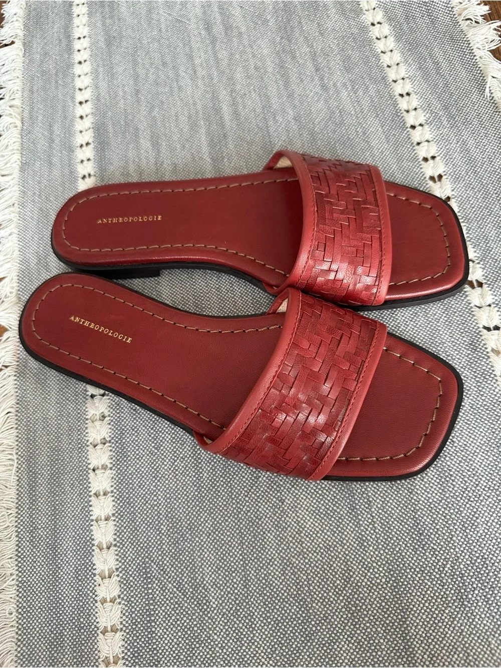 Anthropologie Red Woven Slide Sandals
